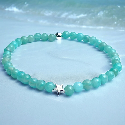 Steinfixx® Edelstein Perlenarmband Amazonit Ice mit 925 Silberperle und Herz oder Stern| Energieschmuck | in edler Geschenkbox | Handmade