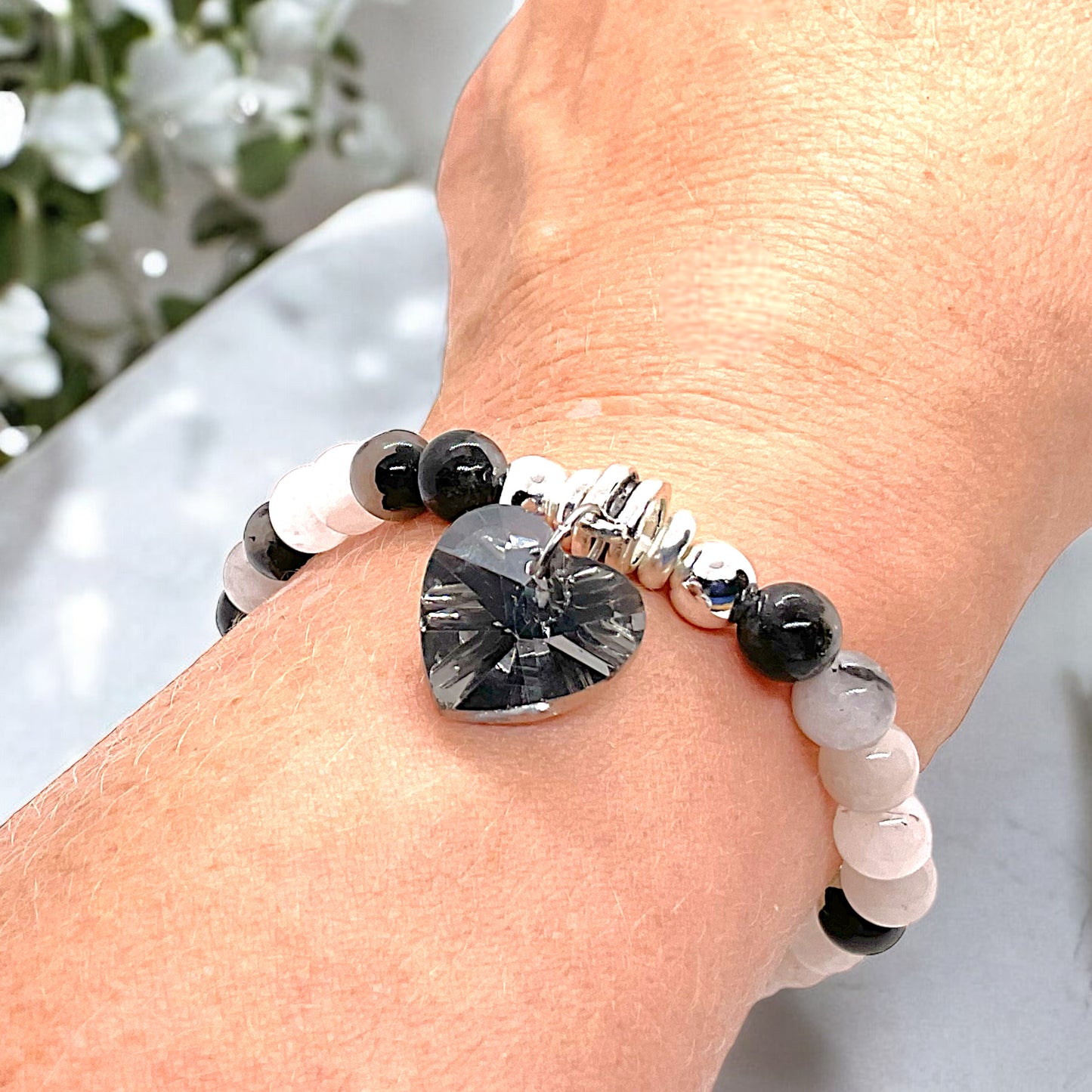 Steinfixx® - Bezauberndes Turmalinquarz Perlen Armband 6mm mit Glitzerherz, 925 Silberperlen, Edelsteinarmband - inclusive edler Geschenkbox - Handmade