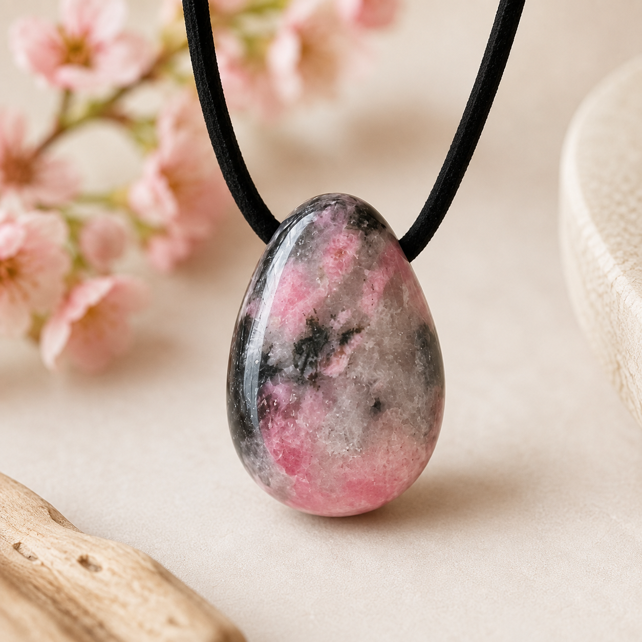 Rhodonit-Quarz „Sakura“ Tropfenanhänger – rosa Naturstein – 30 × 20 mm – mit Band & Geschenkbox