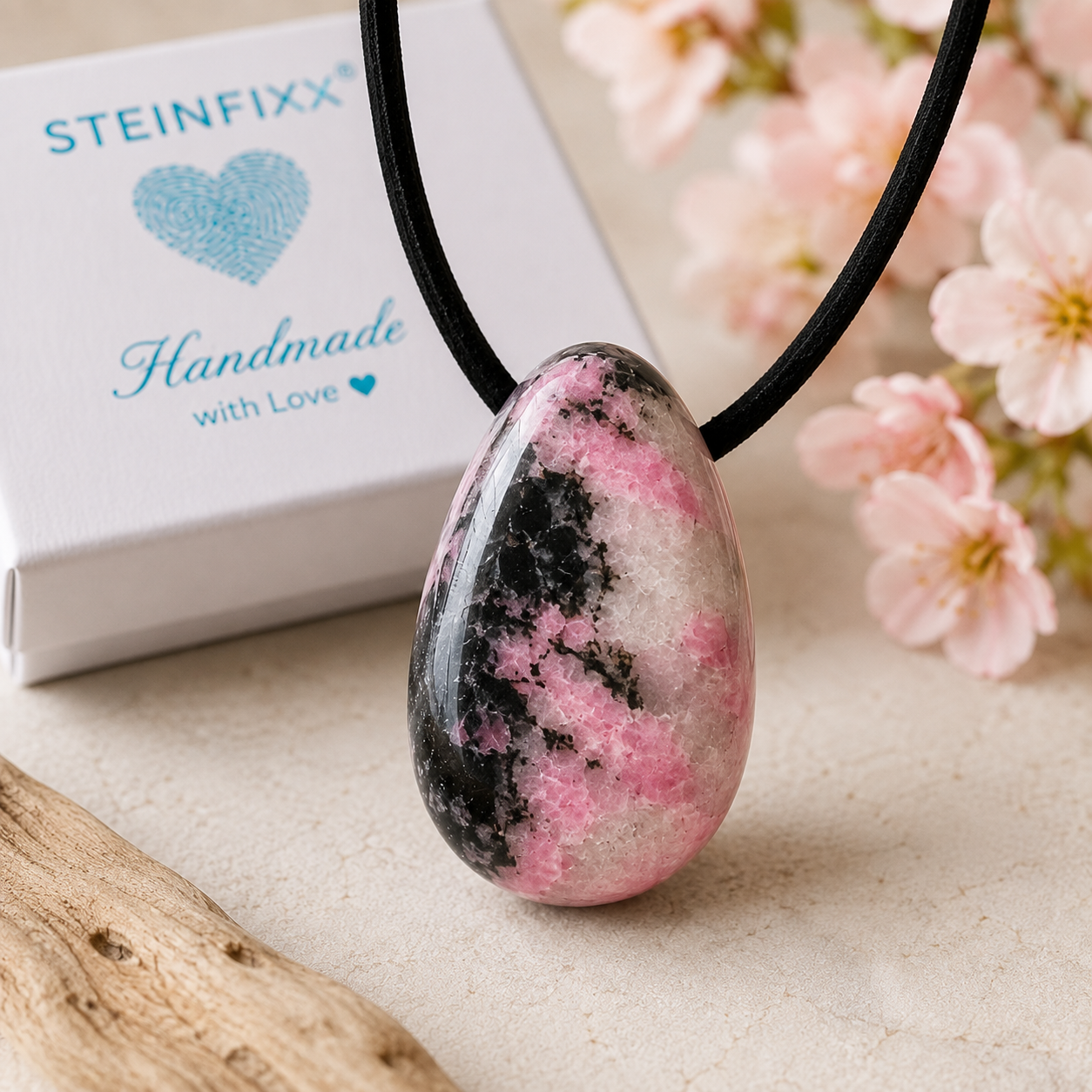Rhodonit-Quarz „Sakura“ Tropfenanhänger – rosa Naturstein – 30 × 20 mm – mit Band & Geschenkbox