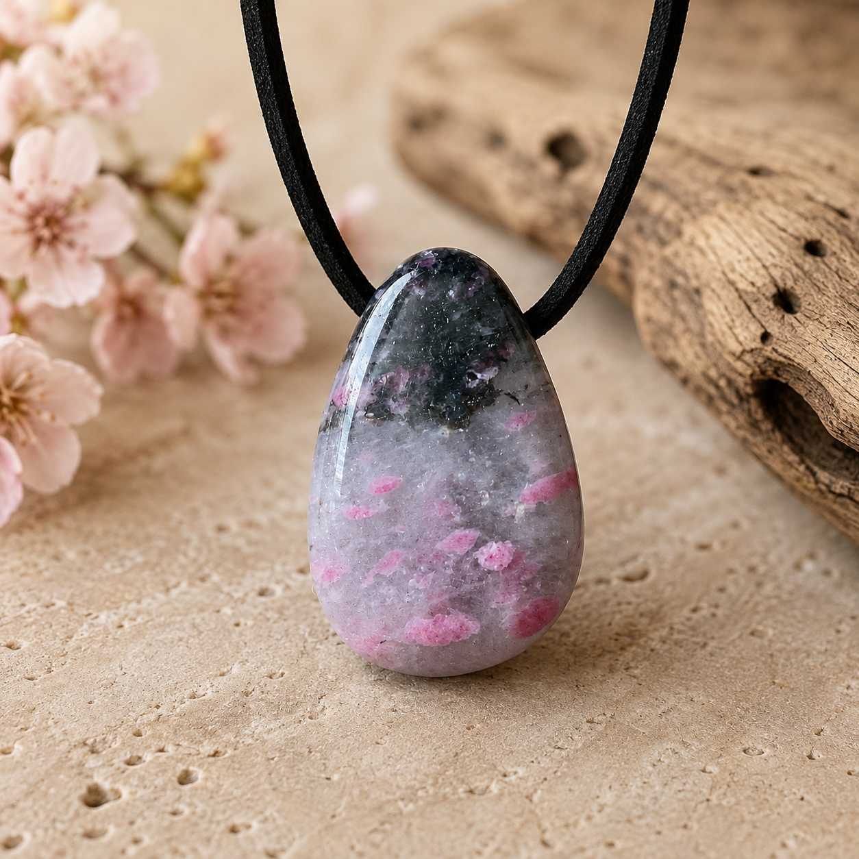Rhodonit-Quarz „Sakura“ Tropfenanhänger – rosa Naturstein – 30 × 20 mm – mit Band & Geschenkbox