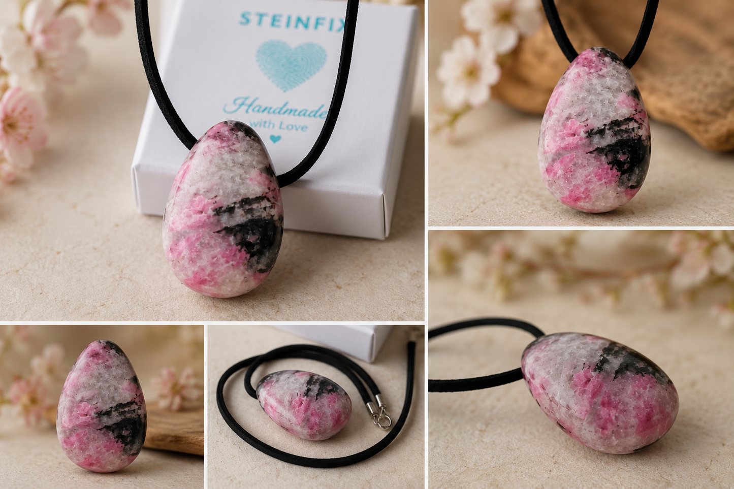 Rhodonit-Quarz „Sakura“ Tropfenanhänger – rosa Naturstein – 30 × 20 mm – mit Band & Geschenkbox