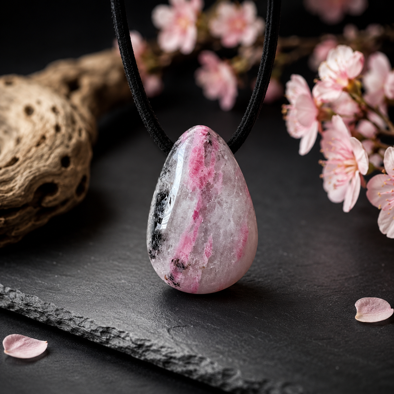Rhodonit-Quarz „Sakura“ Tropfenanhänger – rosa Naturstein – 30 × 20 mm – mit Band & Geschenkbox
