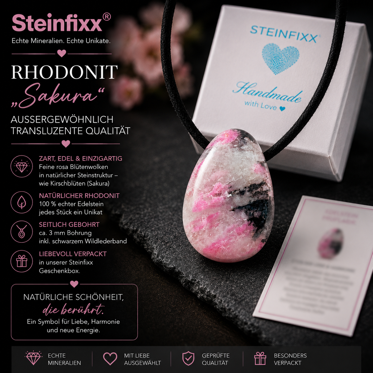 Rhodonit-Quarz „Sakura“ Tropfenanhänger – rosa Naturstein – 30 × 20 mm – mit Band & Geschenkbox
