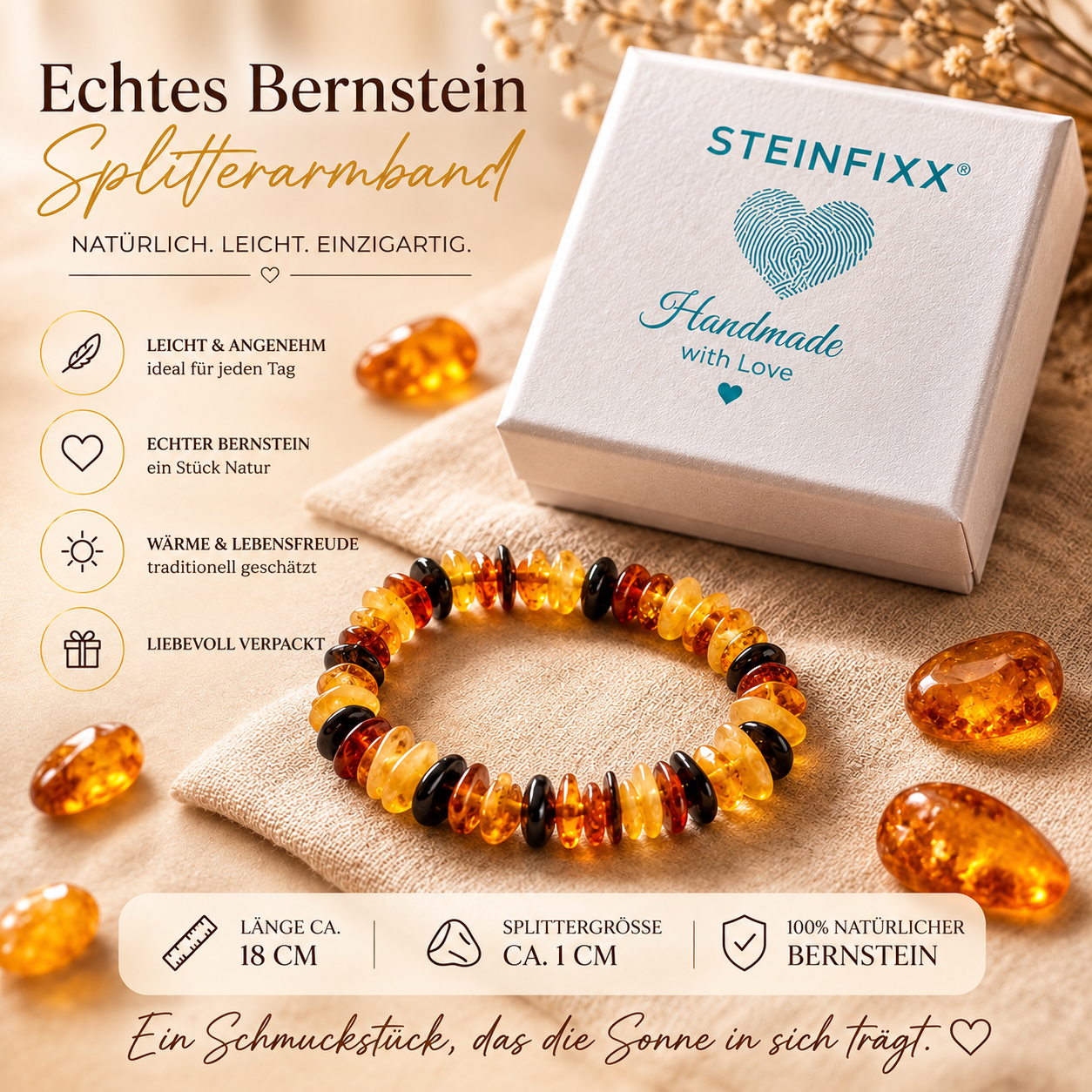 Bernstein Splitterarmband AAA aus Litauen – echter Naturbernstein – 18 cm – ca. 7 g – handgefertigt & elastisch – Geschenkverpackung