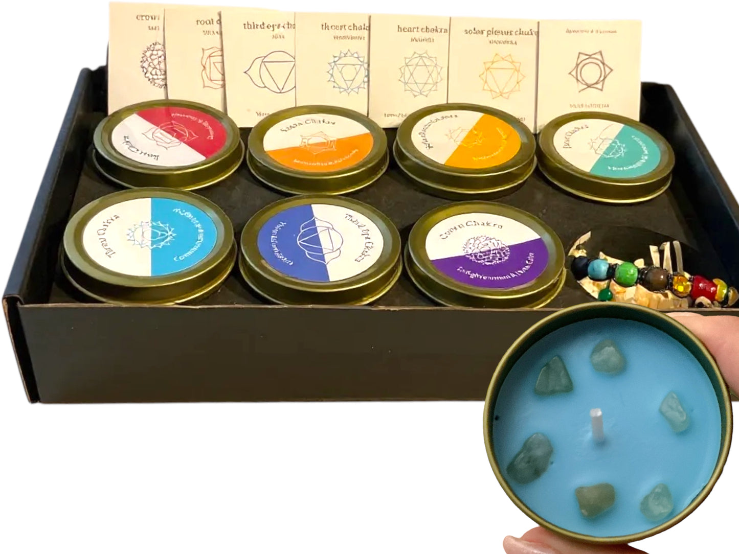 7 Chakra Duftkerzen Geschenkset mit Edelsteinen & Chakra-Armband  - Handgegossene Duftkerzen, abgestimmt auf die Chakren – Geschenkset mit Edelsteinen, Chakra-Karten & Geschenkbox – Achtsamkeit, Meditation & Wellness