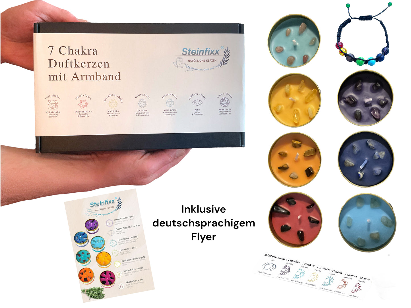 7 Chakra Duftkerzen Geschenkset mit Edelsteinen & Chakra-Armband  - Handgegossene Duftkerzen, abgestimmt auf die Chakren – Geschenkset mit Edelsteinen, Chakra-Karten & Geschenkbox – Achtsamkeit, Meditation & Wellness