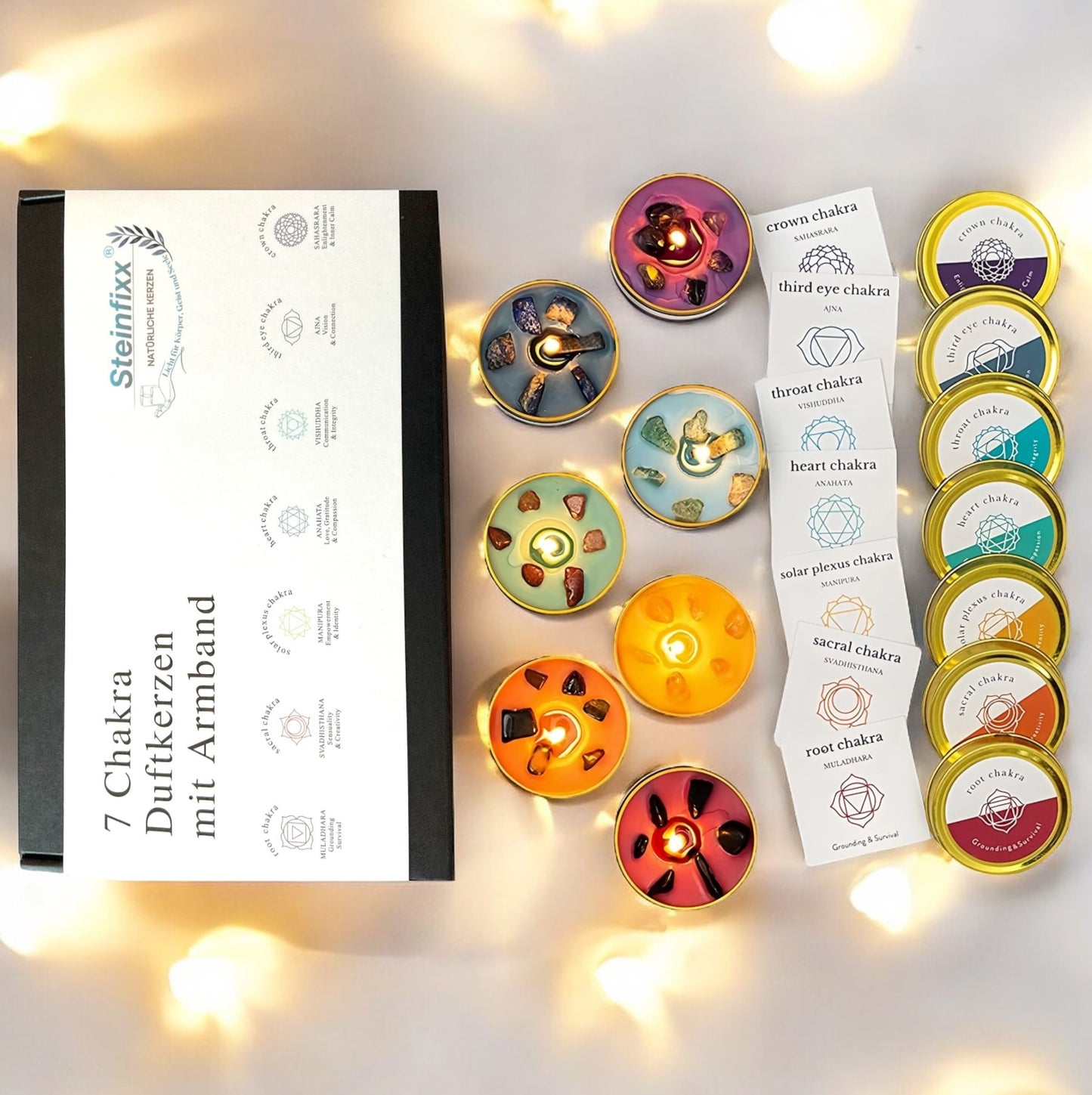 7 Chakra Duftkerzen Geschenkset mit Edelsteinen & Chakra-Armband  - Handgegossene Duftkerzen, abgestimmt auf die Chakren – Geschenkset mit Edelsteinen, Chakra-Karten & Geschenkbox – Achtsamkeit, Meditation & Wellness