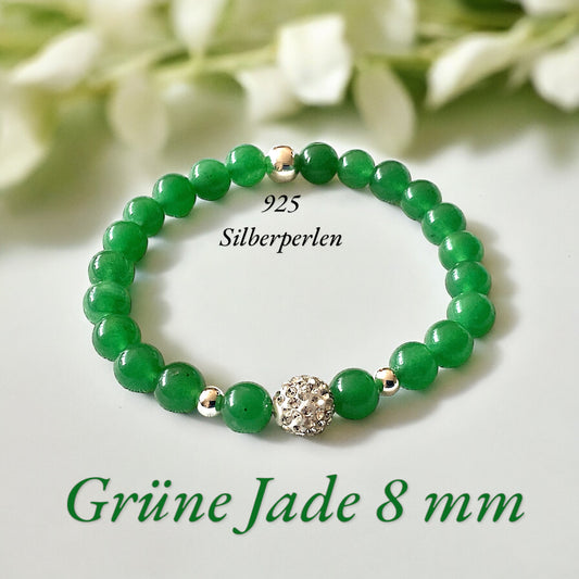 Grüne Jade Perlenarmband - Hochwertiges Edelsteinarmband 8mm mit 925 Silberperlen und Glitzerperle  - handgefertigt - in Geschenkbox - Glück und Freude