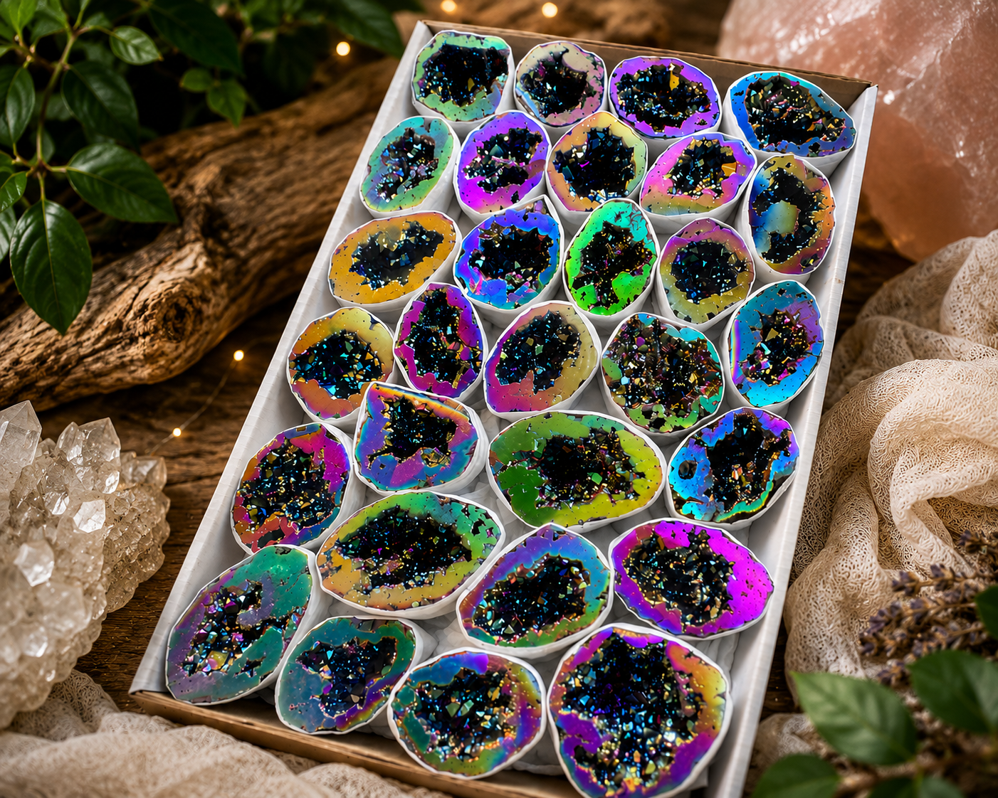 Verkaufsflat ca. 29 Titanium Aura Quarzgeoden „Rainbow“ aus Brasilien – AAA-Qualität – irisierende Regenbogen-Geoden – Dekoration & Geschenkidee