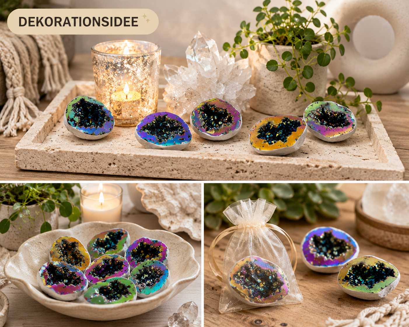 Verkaufsflat ca. 29 Titanium Aura Quarzgeoden „Rainbow“ aus Brasilien – AAA-Qualität – irisierende Regenbogen-Geoden – Dekoration & Geschenkidee