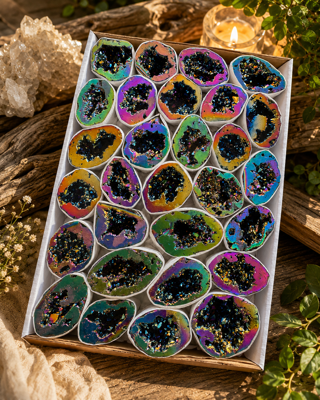 Verkaufsflat ca. 29 Titanium Aura Quarzgeoden „Rainbow“ aus Brasilien – AAA-Qualität – irisierende Regenbogen-Geoden – Dekoration & Geschenkidee
