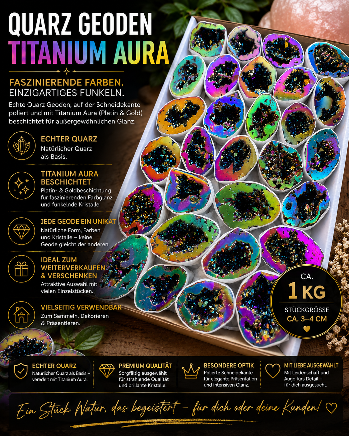 Verkaufsflat ca. 29 Titanium Aura Quarzgeoden „Rainbow“ aus Brasilien – AAA-Qualität – irisierende Regenbogen-Geoden – Dekoration & Geschenkidee