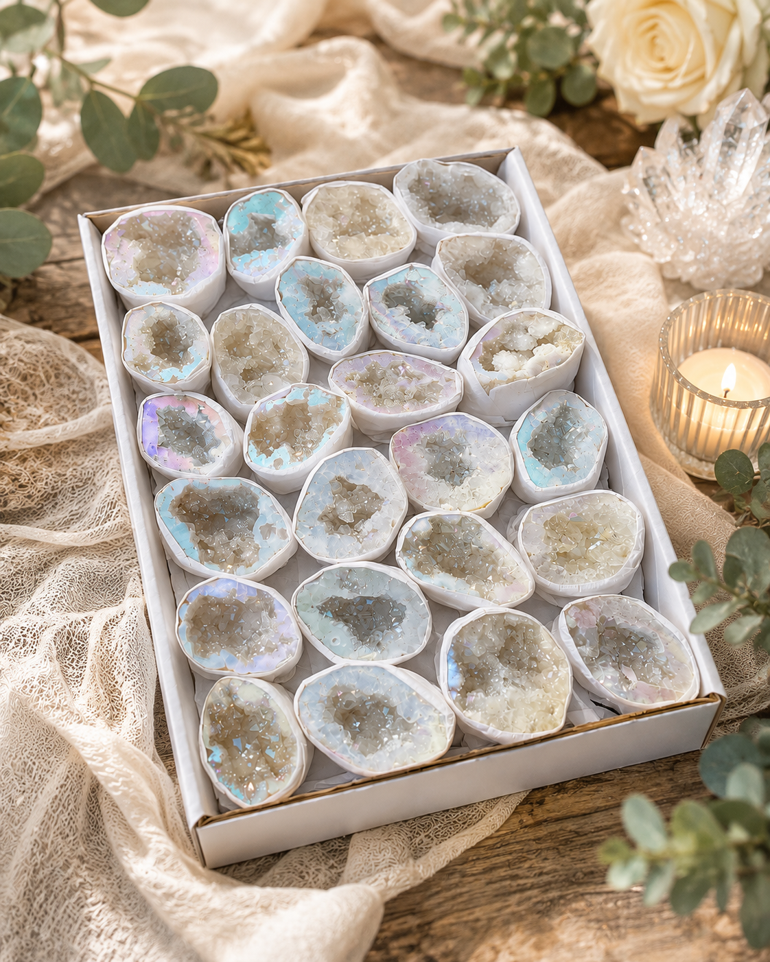 Verkaufsflat ca. 25 Angel Aura Quarzgeoden aus Brasilien – 1 kg – AAA-Qualität – zart irisierende Geoden – Dekoration & Geschenkidee
