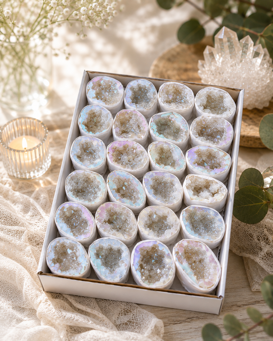 Verkaufsflat ca. 25 Angel Aura Quarzgeoden aus Brasilien – 1 kg – AAA-Qualität – zart irisierende Geoden – Dekoration & Geschenkidee