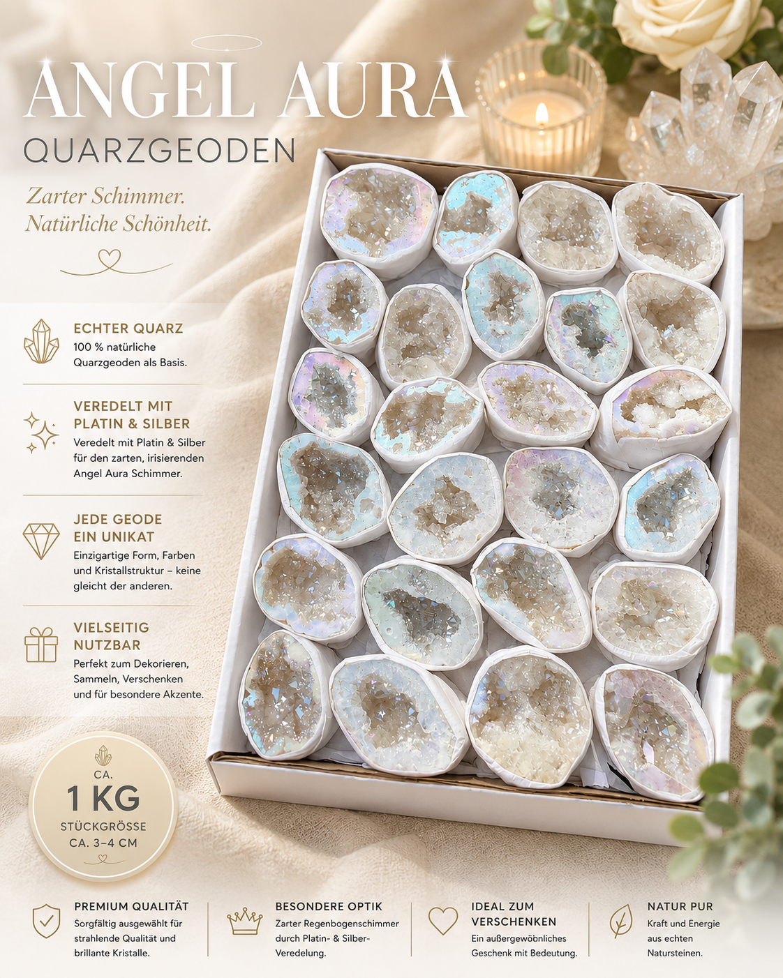 Verkaufsflat ca. 25 Angel Aura Quarzgeoden aus Brasilien – 1 kg – AAA-Qualität – zart irisierende Geoden – Dekoration & Geschenkidee