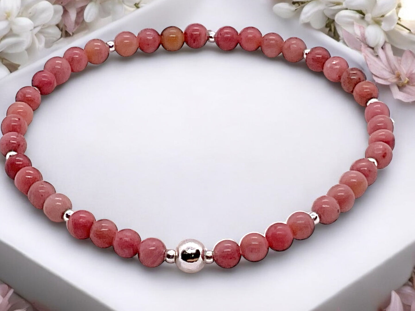 Rhodonit Edelstein Perlen Armband  *Seelentröster*  - mit 925 Silberperlen in Steinfixx Geschenkbox - Handmade