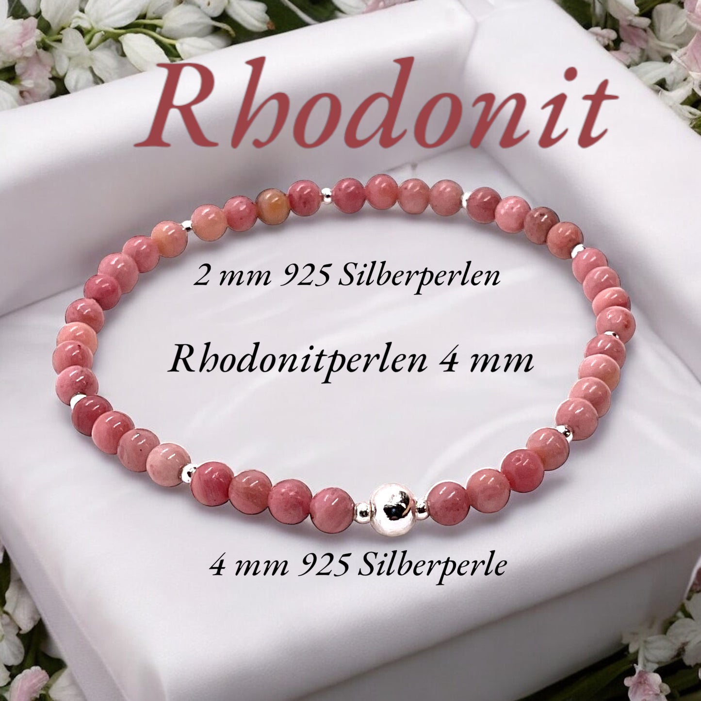 Rhodonit Edelstein Perlen Armband  *Seelentröster*  - mit 925 Silberperlen in Steinfixx Geschenkbox - Handmade