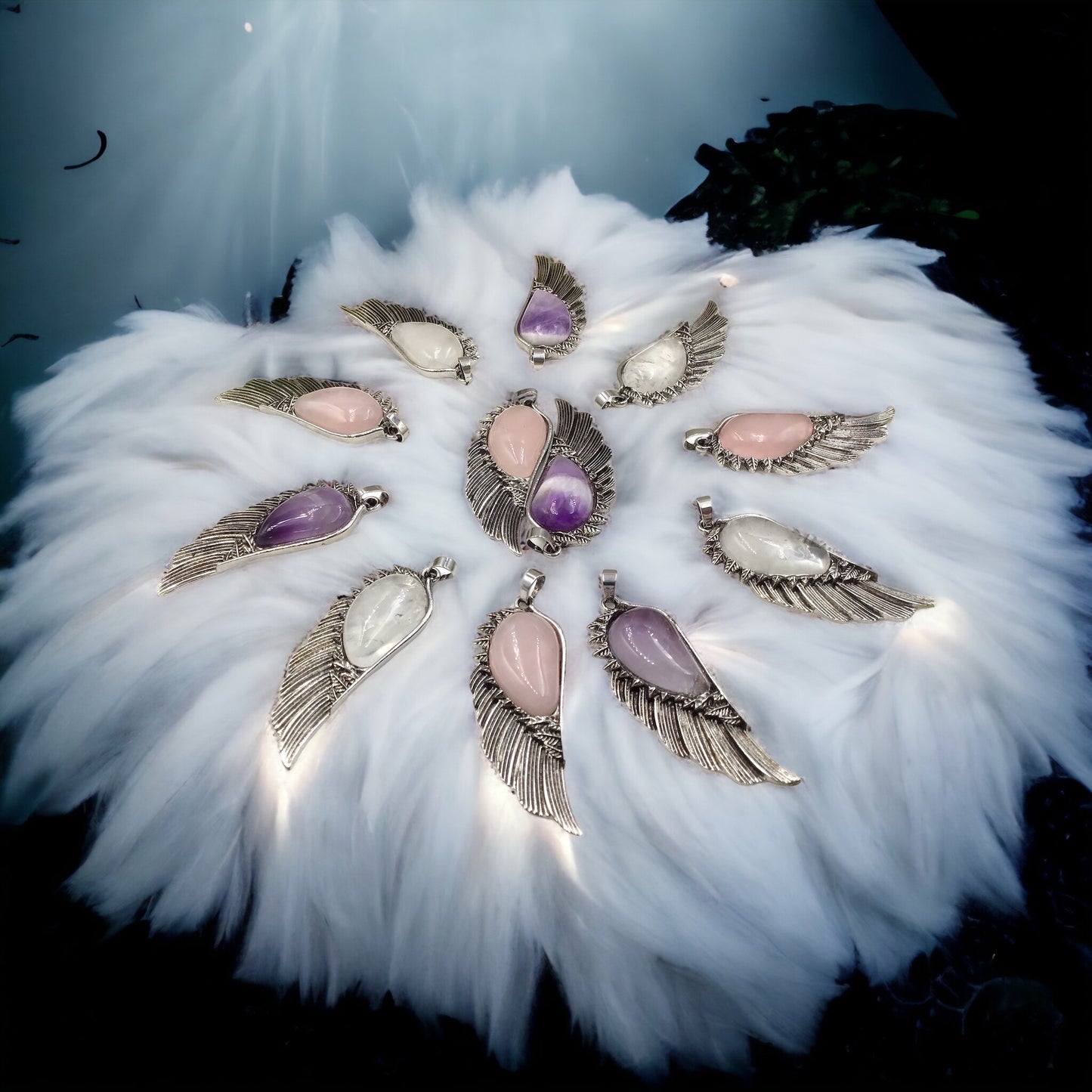 Steinfixx® -  Engelsflügel Anhänger mit echtem Amethyst Edelstein Tropfen | farbintensiv