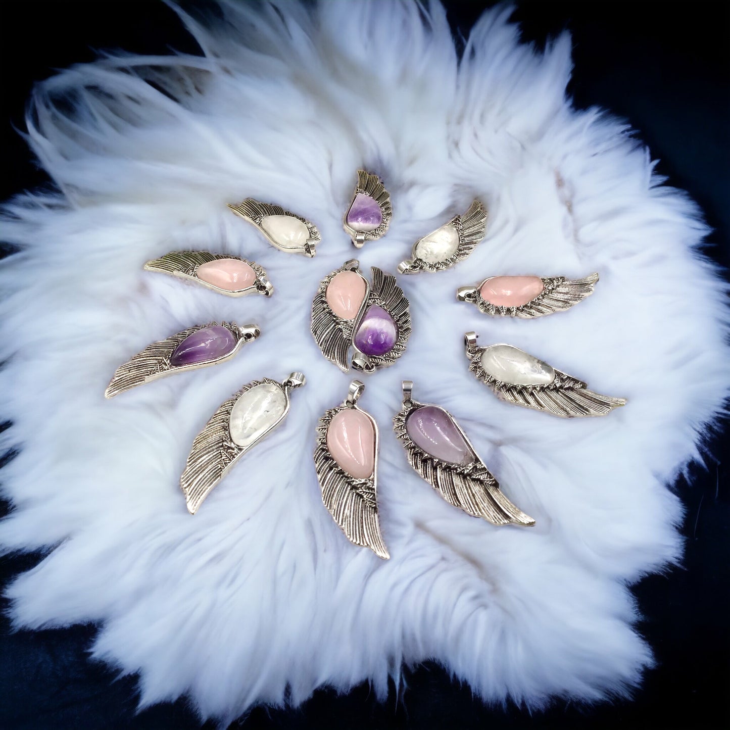 Steinfixx® -  Engelsflügel Anhänger mit echtem Amethyst Edelstein Tropfen | farbintensiv