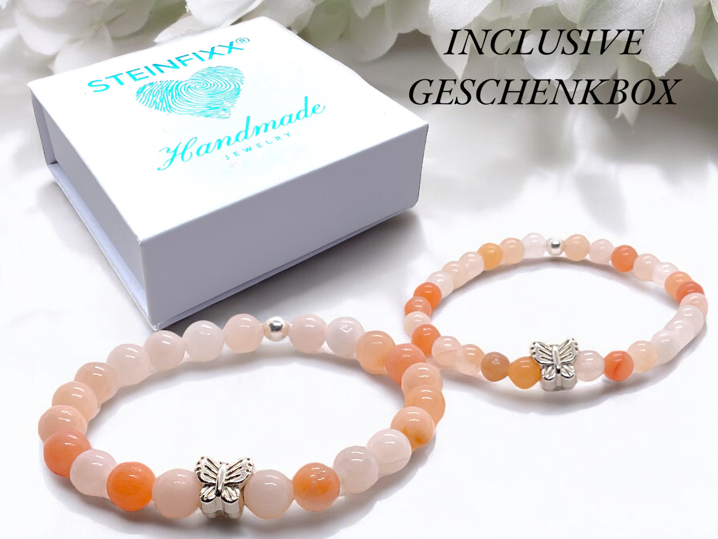 Steinfixx® - Aventurin rot - pink Perlenarmband Handmade mit 925 Silberperle und Schmetterling - inclusive edler Geschenkbox - Blutdruck und Cholesterin