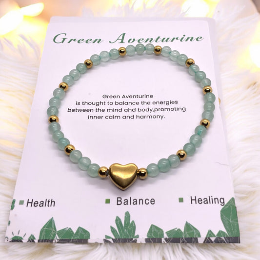 Steinfixx® - Grüner Aventurin Perlenarmband mit Messingherz und Messingperlen - Hochwertiges Edelsteinarmband handgefertigt inclusive edler Geschenkbox und Edelsteinkarte