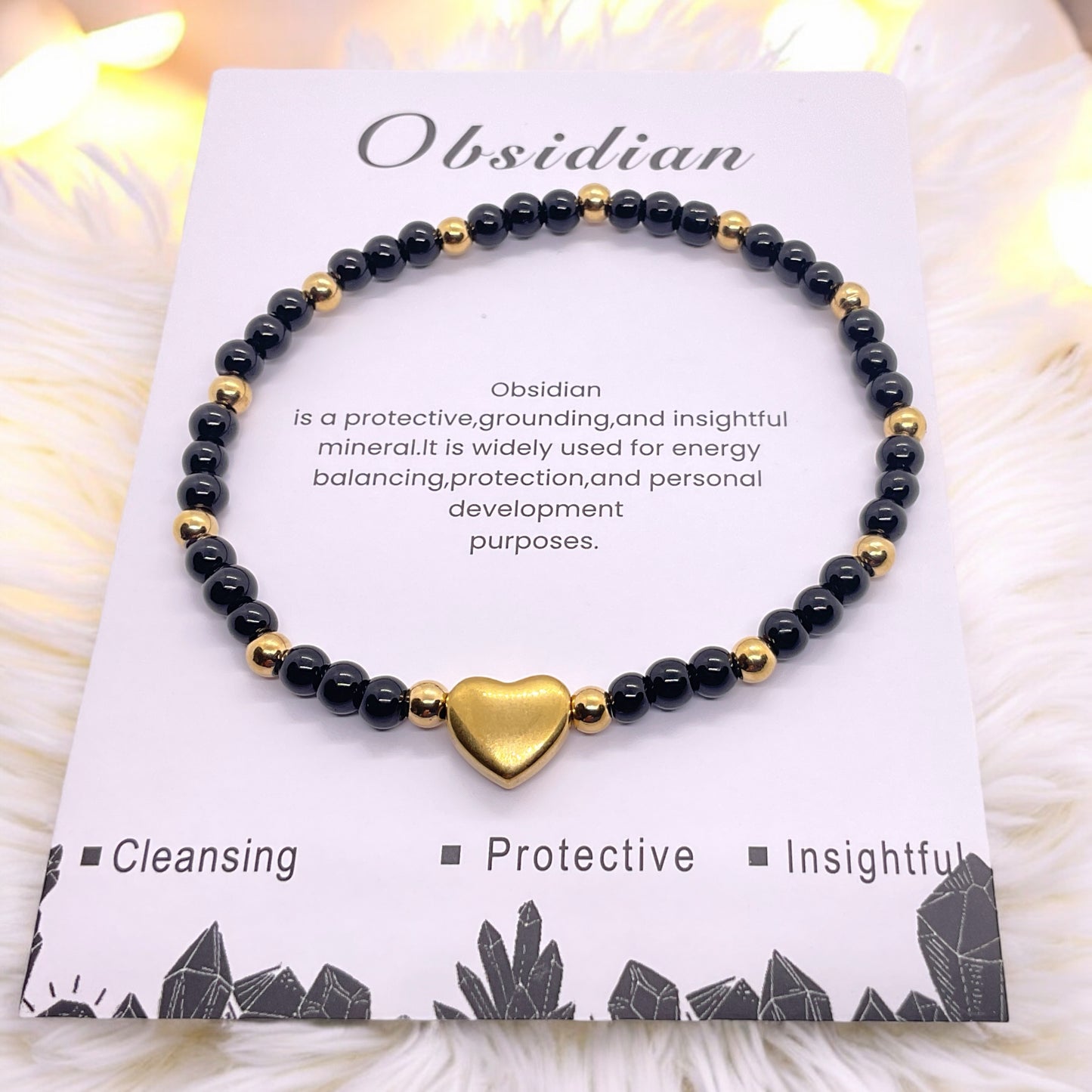 Steinfixx® - Obsidian Perlenarmband mit Messingherz und Messingperlen - Hochwertiges Edelsteinarmband handgefertigt inclusive edler Geschenkbox und Edelsteinkarte