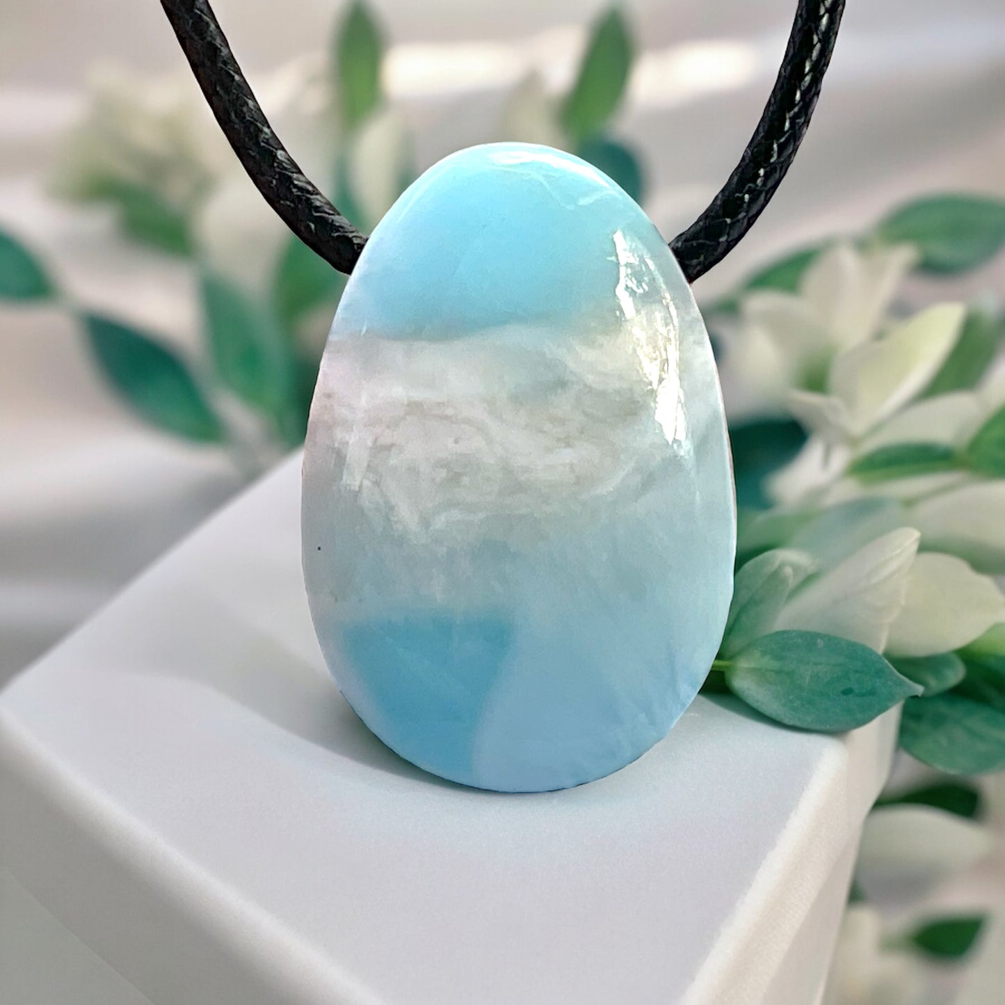 Steinfixx® - Larimar Anhänger in Tropfenform mit Kordelkette, Verschluss in 925 Silber