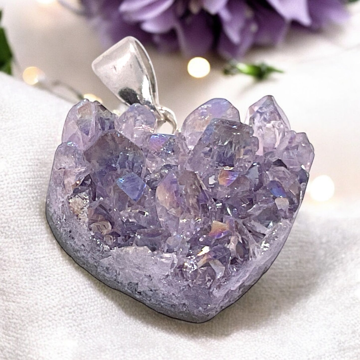 Amethyst Herz Anhänger - echtes 925 Silber - Angel Aura - Rohstein Cluster - inclusive Geschenkbox