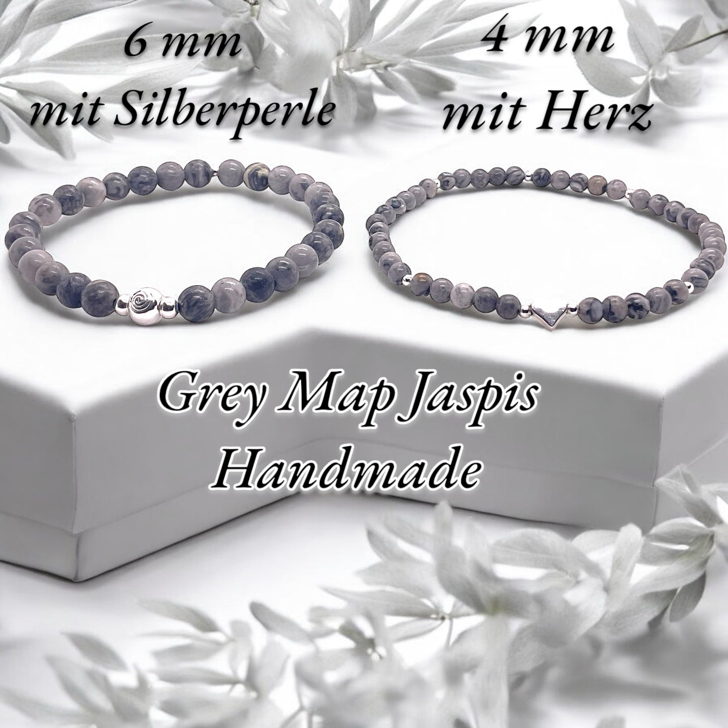 Edelstein Perlenarmband aus grauem Picasso Jaspis - Hochwertige Heilsteine mit 925 Silberperlen oder Herzchen - handgefertigt - in Geschenkbox - Kreativität und Entschlossenheit