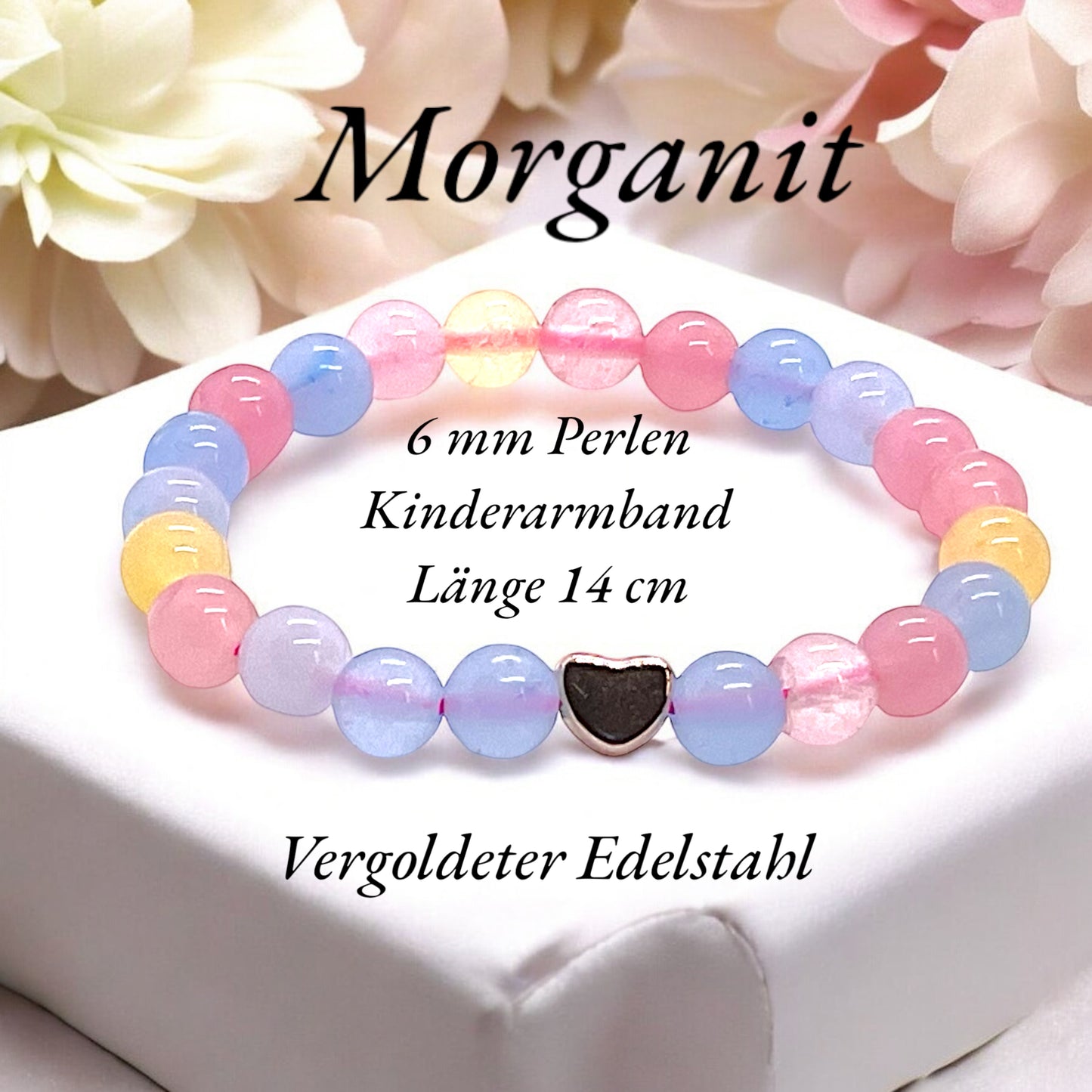 Kinder Perlenarmband Morganit mit 14 k rosèvergoldeten Elementen - Edelsteinarmband - Handmade - inclusive Geschenksäckchen - Engelsstein