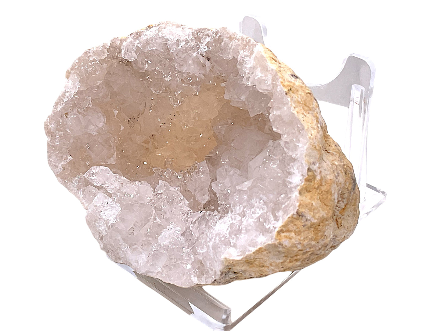 Kristall Geode | Quarzgeode | offen | incl. Acrylständer | Glücksgeode | herrliche Kristalle I 60-70mm I Geodenhälfte