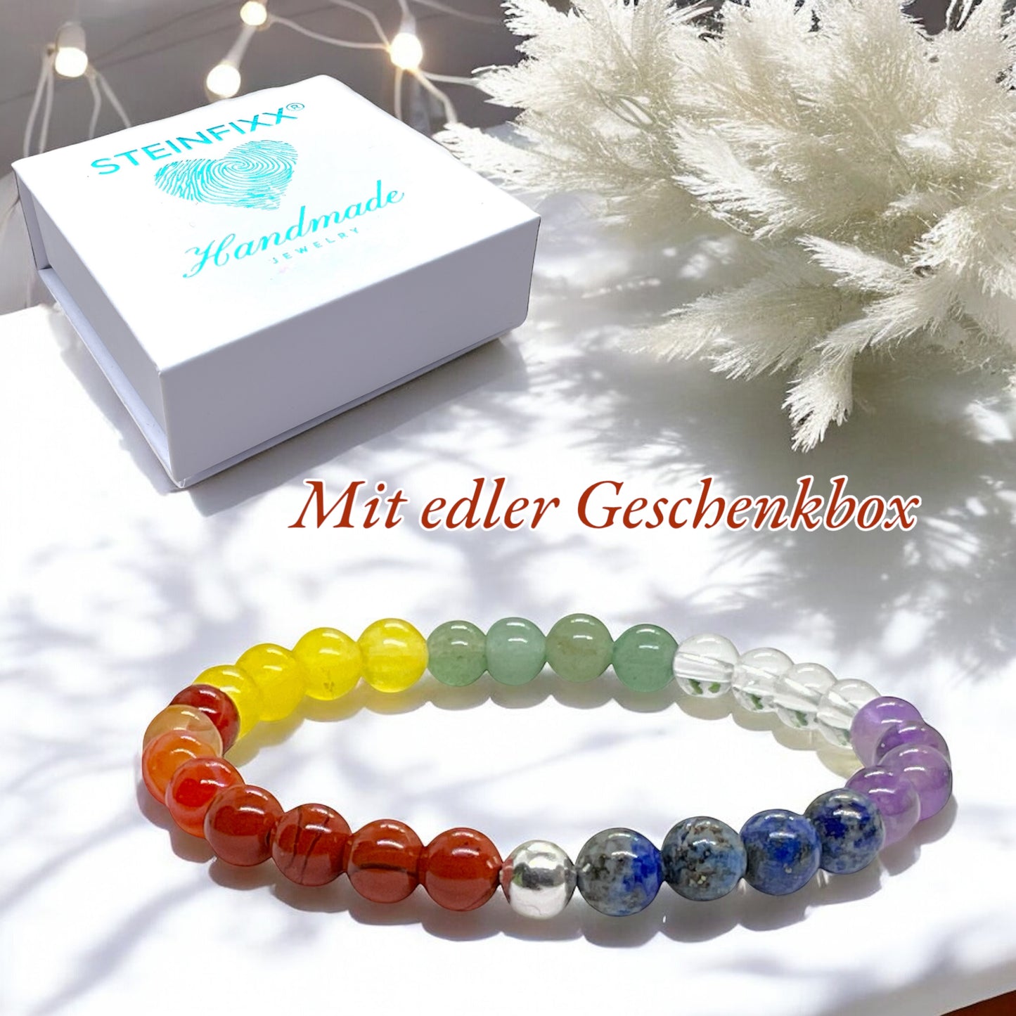 Perlenarmband Chakra 6 mm mit 925 Silberperle - Handmade - inclusive edler Geschenkbox - 7 Chakren aus echten Mineralien