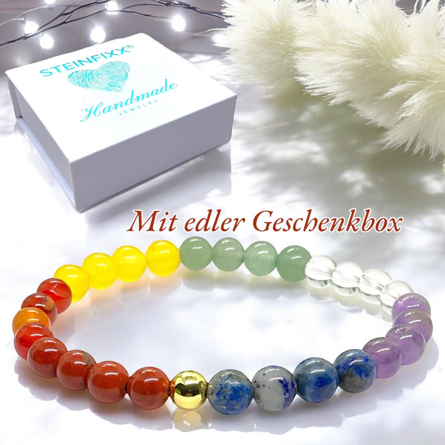 Perlenarmband Chakra 6 mm mit 14k vergoldeter Edelstahlperle - Handmade - inclusive edler Geschenkbox - 7 Chakren aus echten Mineralien