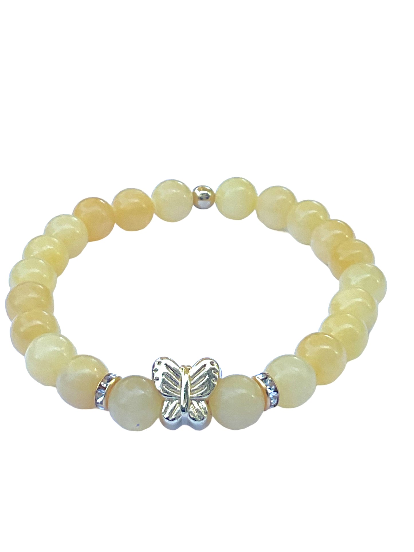 Gelbe Jade Perlenarmband - Hochwertiges Edelsteinarmband mit vergoldeter Perle und entzückendem Herzchen oder Schmetterling - handgefertigt - in Geschenkbox - Glück und Freude