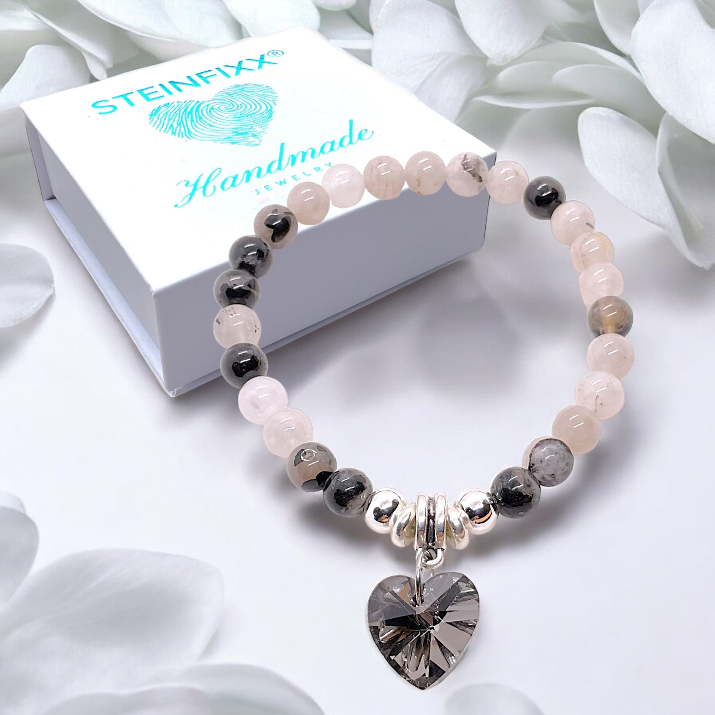 Steinfixx® - Bezauberndes Turmalinquarz Perlen Armband 6mm mit Glitzerherz, 925 Silberperlen, Edelsteinarmband - inclusive edler Geschenkbox - Handmade