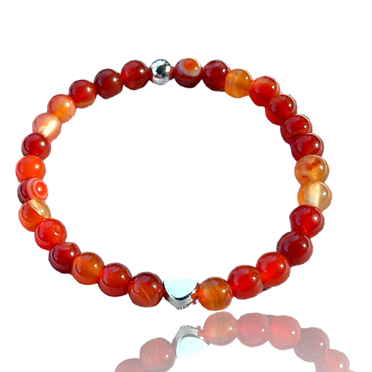 Steinfixx® - Carneol Perlenarmband handgemacht mit 925 Silber Perle und versilbertem Herzchen - KRAFTSTEIN - Hochwertiges Edelsteinarmband Armband für Damen & Herren