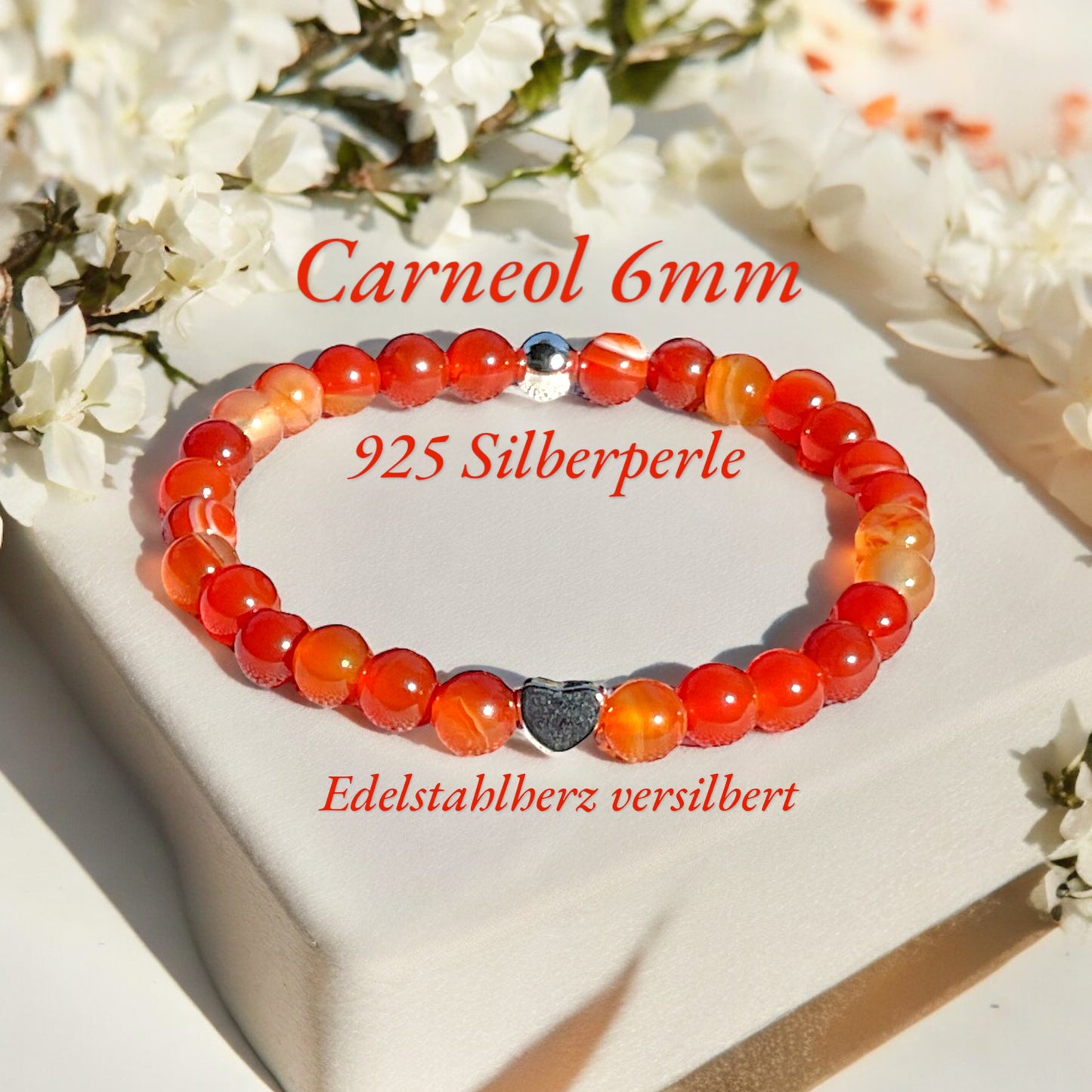 Steinfixx® - Carneol Perlenarmband handgemacht mit 925 Silber Perle und versilbertem Herzchen - KRAFTSTEIN - Hochwertiges Edelsteinarmband Armband für Damen & Herren