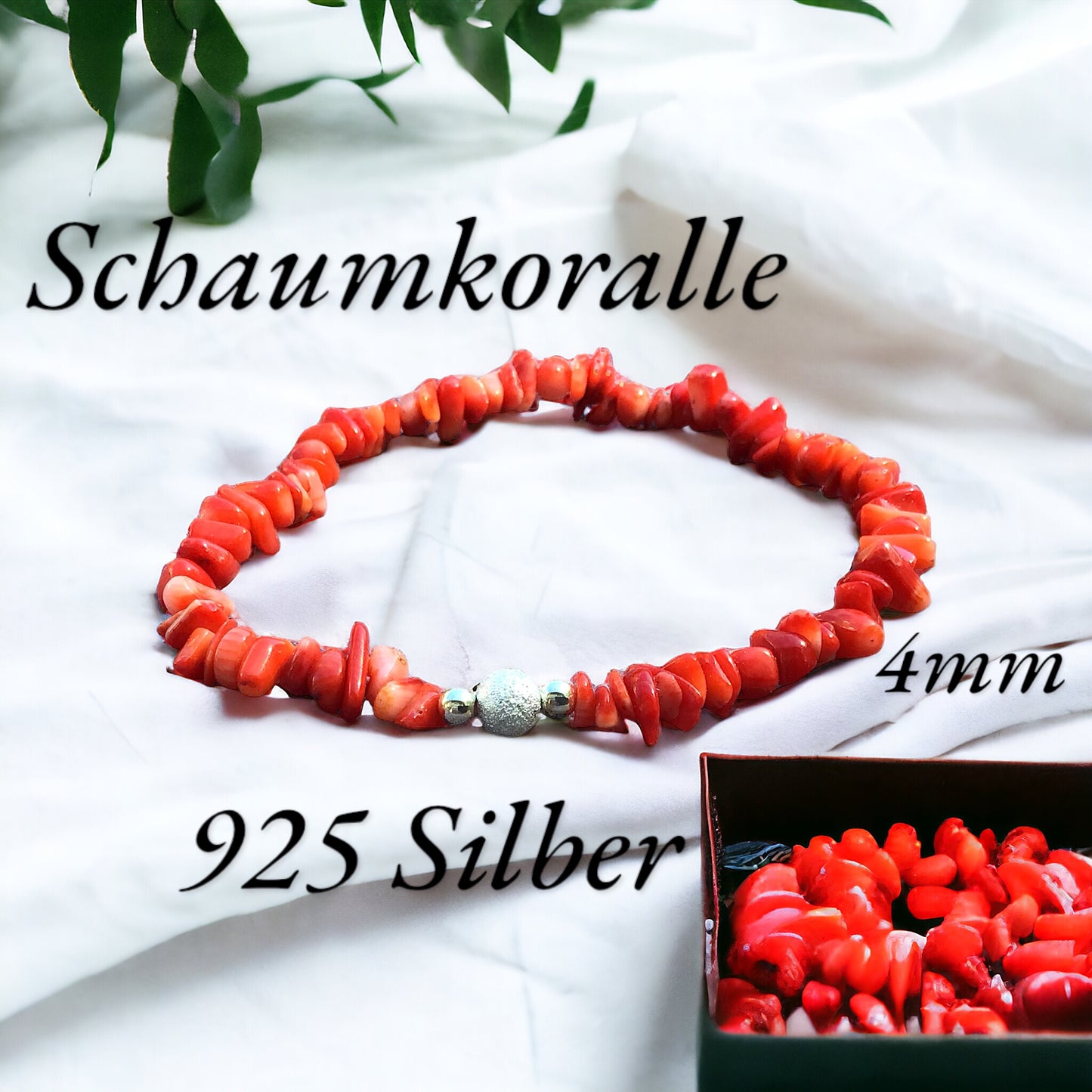 Steinfixx® - Elegantes Splitterarmband aus Schaumkoralle - Hochwertiges Edelsteinarmband mit 925 Silberperlen und Sternstaubkugel - handgefertigt - in Geschenkbox (4 mm)