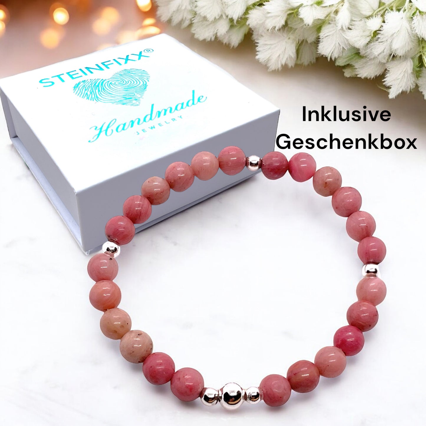 Rhodonit Edelstein Perlen Armband  *Seelentröster*  - mit 925 Silberperlen in Steinfixx Geschenkbox - Handmade