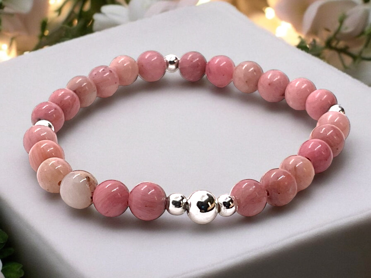 Rhodonit Edelstein Perlen Armband  *Seelentröster*  - mit 925 Silberperlen in Steinfixx Geschenkbox - Handmade
