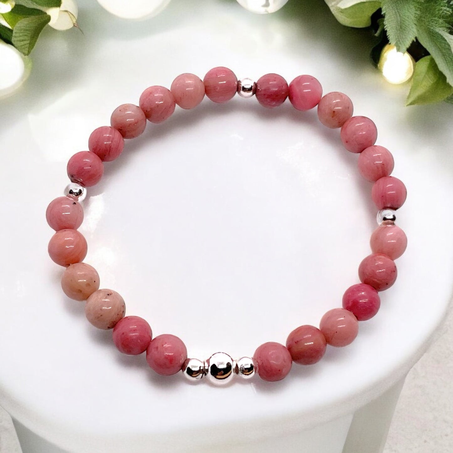 Rhodonit Edelstein Perlen Armband  *Seelentröster*  - mit 925 Silberperlen in Steinfixx Geschenkbox - Handmade