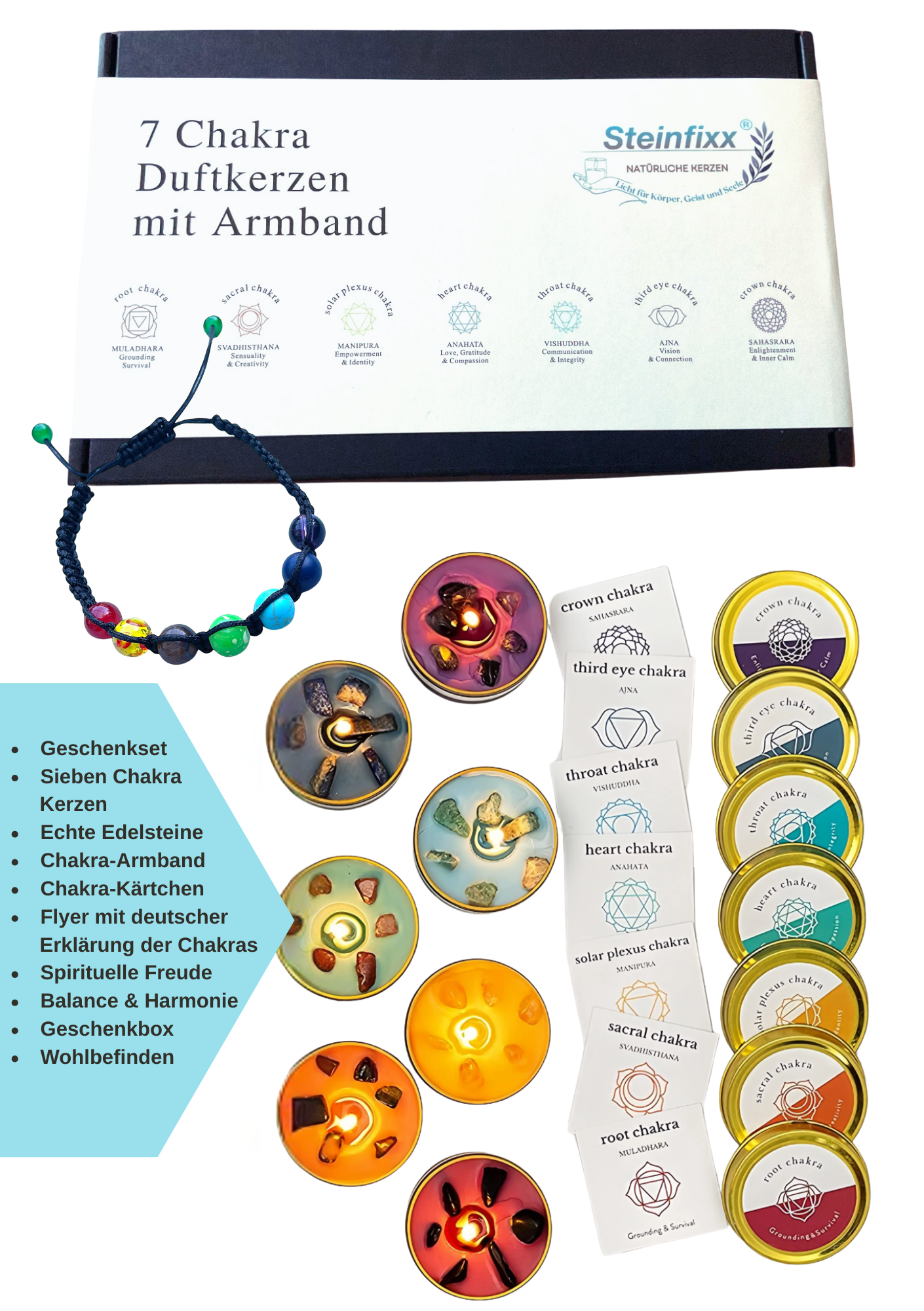 7 Chakra Duftkerzen Geschenkset mit Edelsteinen & Chakra-Armband  - Handgegossene Duftkerzen, abgestimmt auf die Chakren – Geschenkset mit Edelsteinen, Chakra-Karten & Geschenkbox – Achtsamkeit, Meditation & Wellness