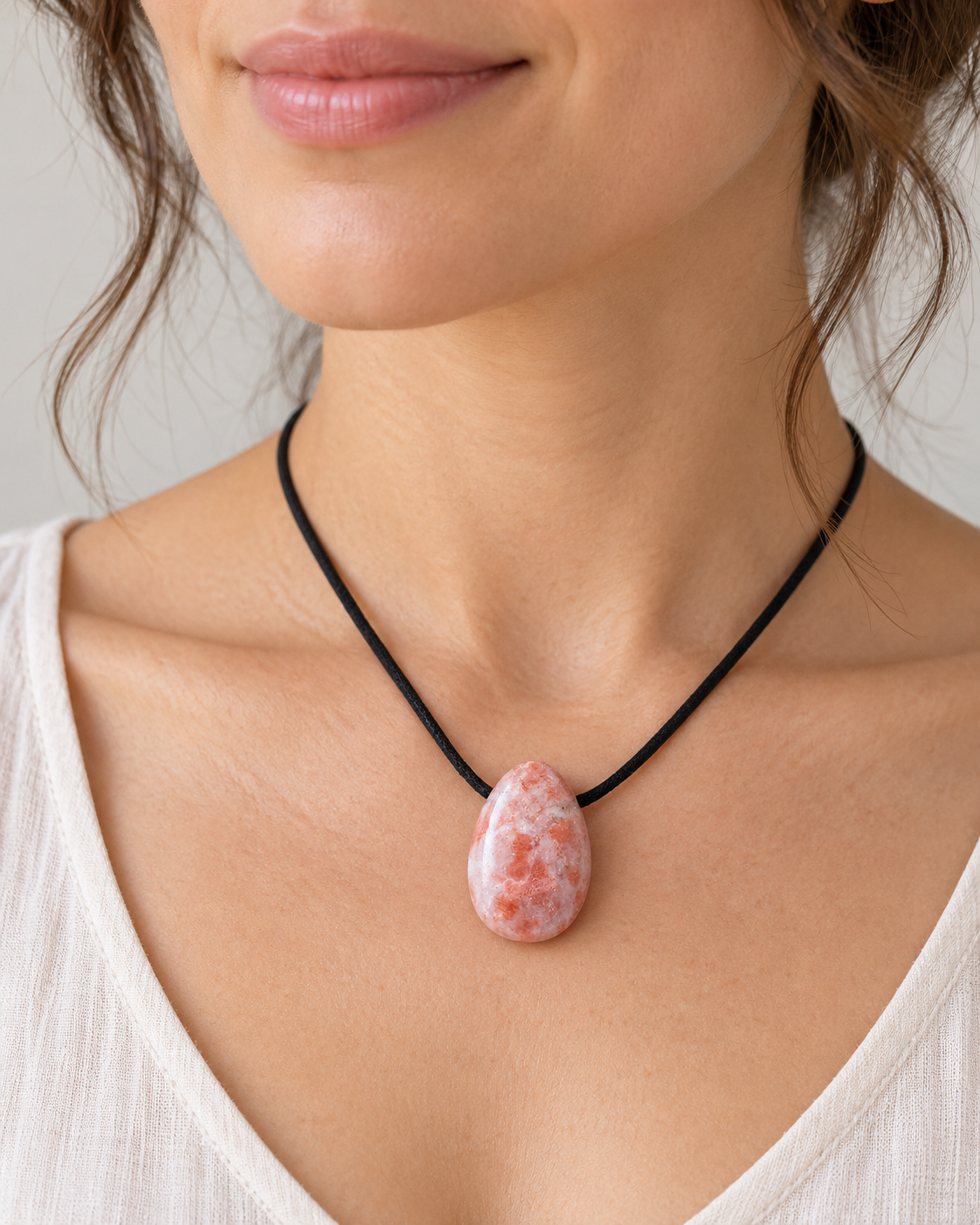 Sonnenstein Tropfenanhänger mit 80 cm Wildlederband – Apricot & Rosa | Inkl. edler Magnet-Geschenkbox