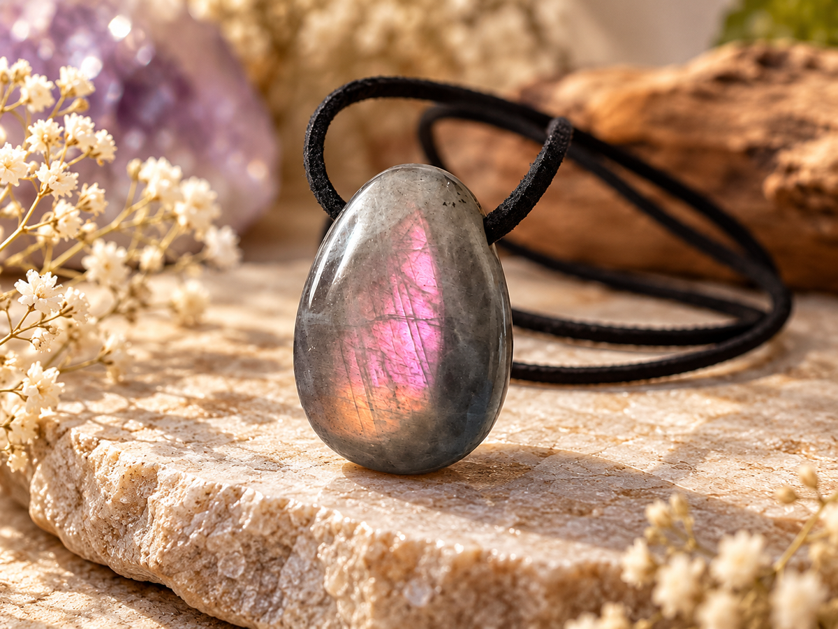 Pink Blush Labradorit Tropfenanhänger – Echter Edelstein aus Madagaskar in AAA-Qualität – ca. 30 × 20 mm – mit 80 cm Wildlederband, Magnet-Geschenkbox & Edelsteinkarte