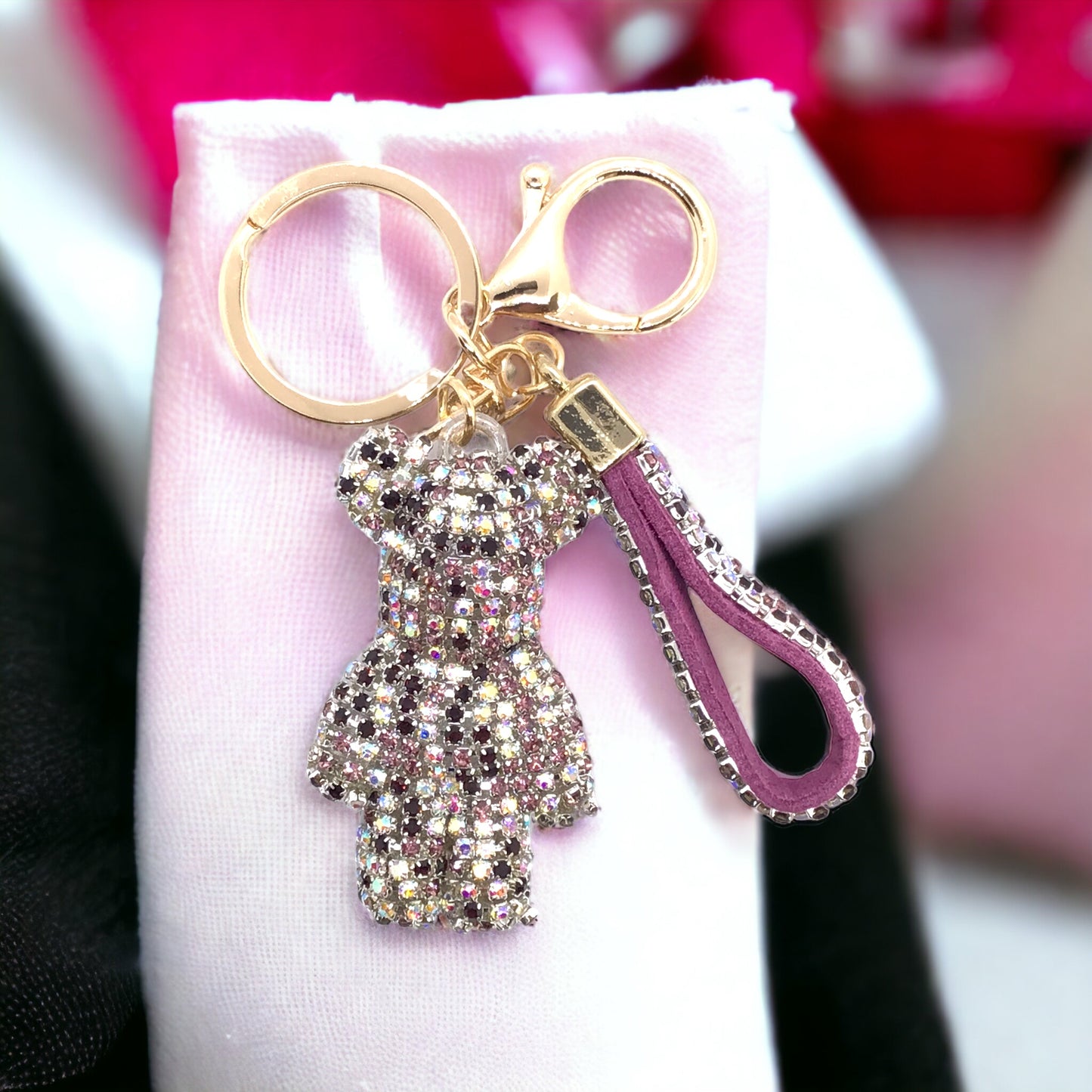 Steinfixx® Edler Strass-Bär Schlüsselanhänger mit Ring und Lederschlaufe | luxuriöses Geschenk | Cartoon | Strass