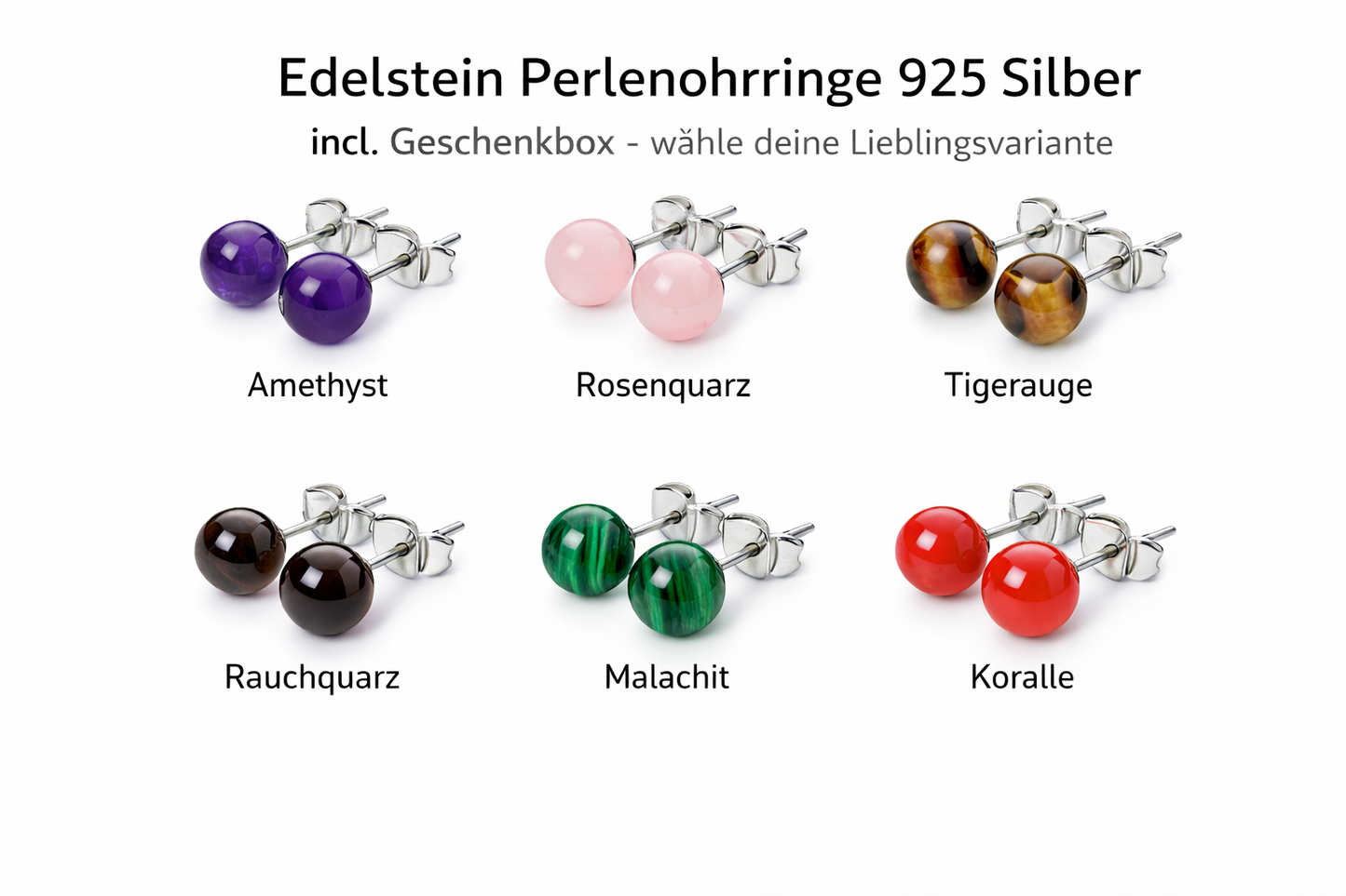 Silber Edelstein Perlen Ohrring | 6mm | 925 Silber  | in Geschenkbox | verschiedene Varianten | Ohrringe - Energiesteine