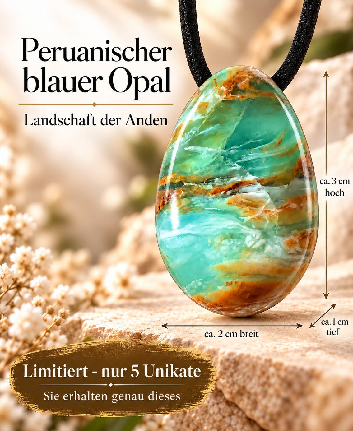 Peruanischer Blauer Opal Tropfenanhänger – Landschaft der Anden | Limitiertes Unikat inkl. Magnet-Geschenkbox