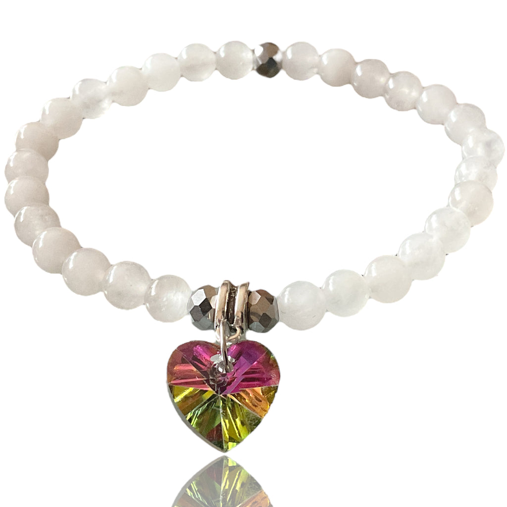 Steinfixx® - Bezauberndes weiße Jade Perlen Armband mit Angel Aura Herz, Edelsteinarmband - inclusive edler Geschenkbox - Handmade