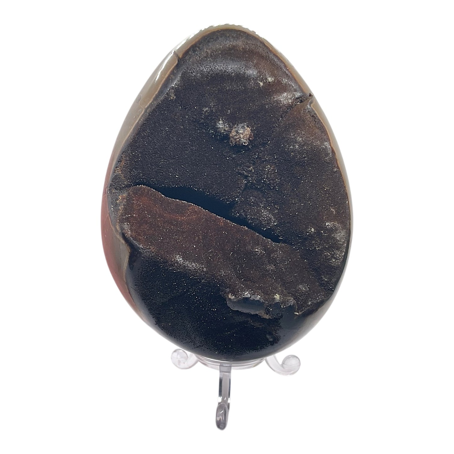 Mystisches Septarien Drachenei | Kristalldruse | Freeform | Unikat-Masterpiece 1631 | 12x8x8 cm | 1022 Gramm | mit Quarzkristall | inclusive Acrylständer I Madagaskar